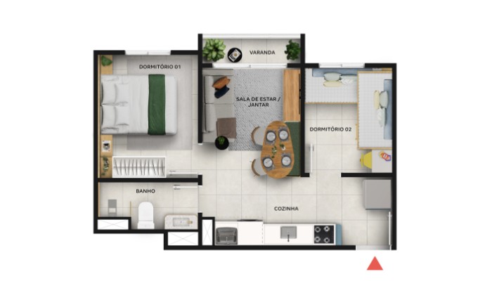 Planta de 2 dormitórios com varanda — Reserva Sacomã, perspectiva artística Tenda